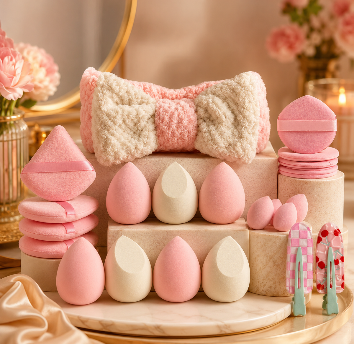 A styled collection of pink and cream makeup beauty items arranged on marble blocks, including teardrop-shaped sponge palettes, stacked powder puff sponges, a pink-and-cream textured bow headband, and small patterned applicators, with a softly blurred warm-toned interior background.